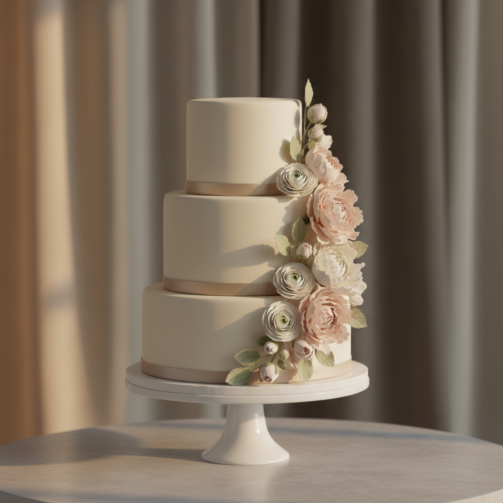 An elegant three-tiered wedding cake covered in smooth, matte ivory fondant, each tier wrapped with a narrow silk ribbon in muted champagne. Sugar flowers resembling pale blush peonies and white ranunculus cascade asymmetrically down one side, with tiny hand-crafted sugar buds and leaves adding delicate texture. The cake stands on a polished white pedestal atop a light grey stone table, set against a softly blurred background of neutral-toned drapery. Gentle golden hour light filters from the right, creating subtle sheen on the fondant and soft shadows beneath the petals. Photographic realism, eye-level composition with a slightly off-center framing, capturing a serene, sophisticated atmosphere perfect for a refined wedding brand.