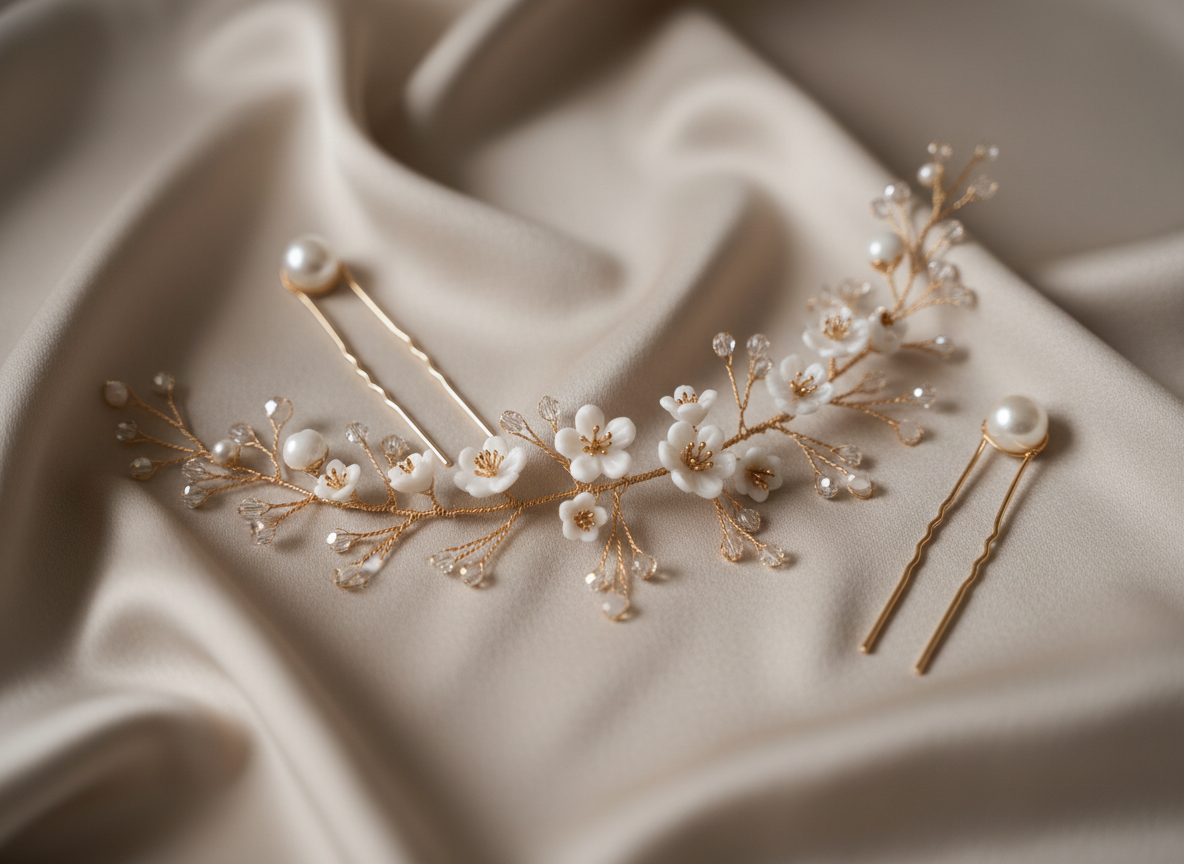 A close-up, highly detailed view of a bridal hair arrangement laid out on a smooth, pale beige silk cloth: a finely crafted golden hair vine adorned with tiny white porcelain blossoms and clear crystal beads, flanked by matching minimalist hairpins with single pearl accents. The silk fabric forms gentle, luxurious folds around the accessories. Soft studio lighting from above and slightly to the side produces a luminous, even glow, enhancing metallic reflections and silky textures while casting delicate, feathered shadows. Photographic realism, shot from a slightly elevated angle with a shallow depth of field that keeps the central hair vine razor-sharp and lets the surrounding fabric flow into a sophisticated, dreamy blur, conveying understated luxury and bridal elegance.