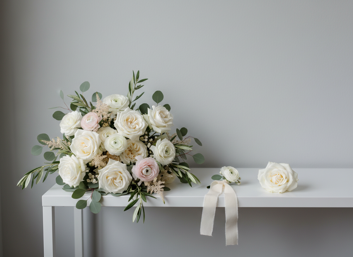 An artfully styled collection of bridal florals arranged on a narrow, matte white console table: a loose, organic bouquet composed of white garden roses, pale blush ranunculus, and airy astilbe, interwoven with soft grey-green eucalyptus and olive branches. Beside it rests a minimalist boutonniere tied with raw-edge silk ribbon, and a single open rose placed casually on the surface. The background is a smooth, light dove-grey wall, clean and uncluttered. Natural daylight streams in from an unseen window, diffused and gentle, creating soft highlights on petal edges and faint shadows along the table. Photographic realism, composed using the rule of thirds at eye level, with a calm, refined atmosphere celebrating wedding floristry with modern sophistication.