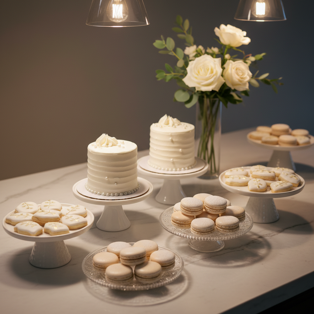 A refined dessert table vignette featuring an assortment of petite wedding confections: miniature white cakes with smooth buttercream ridges, macarons in shades of ivory and champagne, and delicate sugar cookies decorated with hand-painted gold leaf details. The sweets are displayed on mismatched yet cohesive white ceramic stands and clear glass plates atop a pale stone countertop. In the background, a simple arrangement of white roses and greenery rests in a slim glass vase, softly out of focus. Soft, warm pendant lighting from above creates subtle specular highlights on the glazed surfaces and gentle shadows beneath each dessert. Photographic realism, shot at a slightly elevated three-quarter angle with shallow depth of field, evoking an inviting, sophisticated, and indulgent wedding dessert experience.