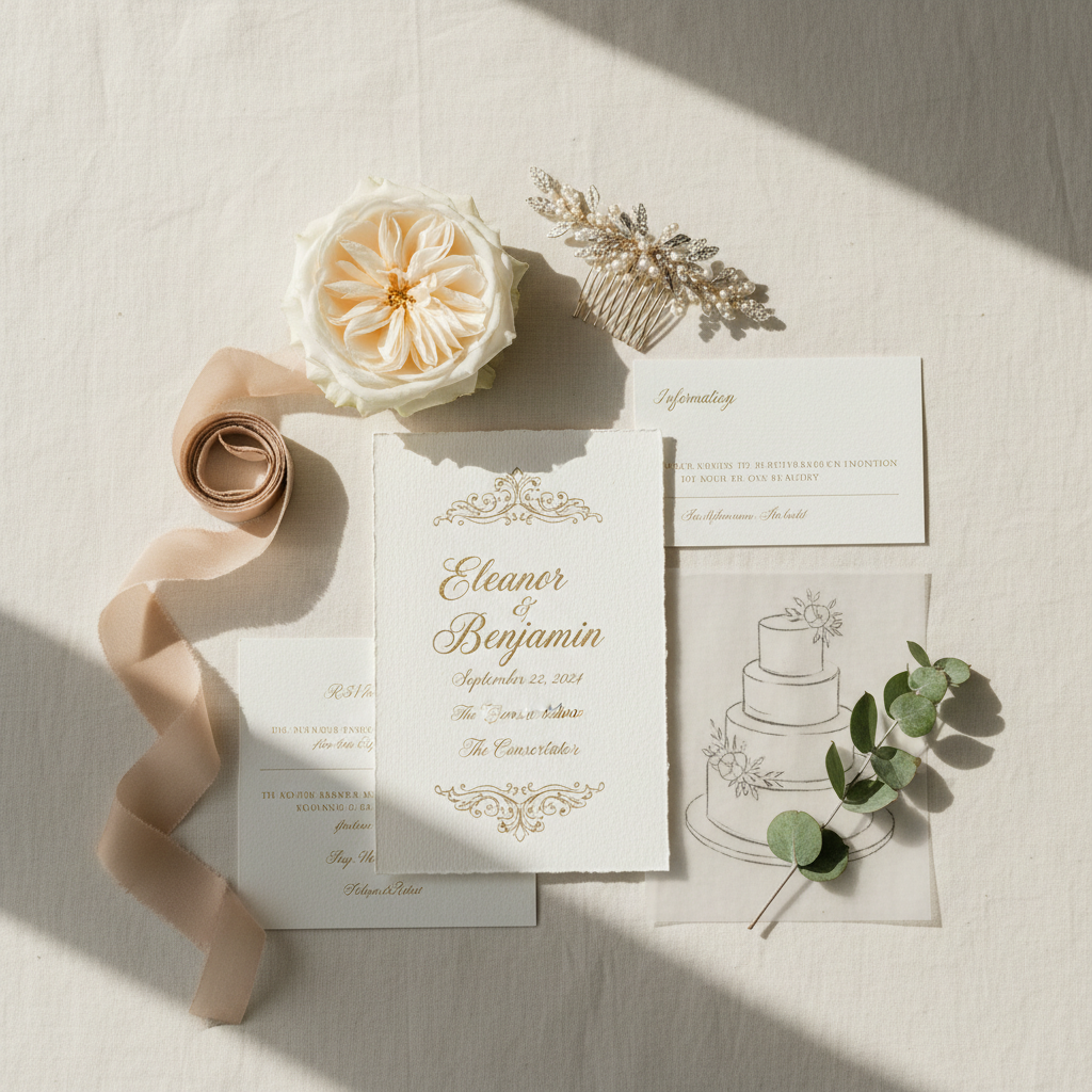 A meticulously arranged flat lay of luxurious wedding details on a soft ivory linen backdrop: a finely textured, handmade invitation suite with embossed gold lettering, a silk ribbon loosely curled beside a single creamy garden rose, and a delicate pearl hair comb with intricate metallic leaves. A minimalist white tiered cake sketch rests on vellum near a sprig of eucalyptus. Soft, diffused window light from the left creates gentle highlights on the metallic accents and subtle shadows along the paper edges. Photographic realism, shot from a perfectly overhead, bird’s eye view with a shallow depth of field that keeps the central stationery crisp while the outer objects fall into a gentle blur, evoking a sophisticated, calm, and curated wedding mood.