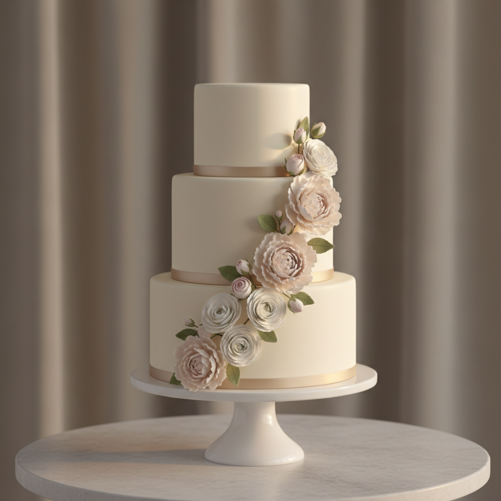 An elegant three-tiered wedding cake covered in smooth, matte ivory fondant, each tier wrapped with a narrow silk ribbon in muted champagne. Sugar flowers resembling pale blush peonies and white ranunculus cascade asymmetrically down one side, with tiny hand-crafted sugar buds and leaves adding delicate texture. The cake stands on a polished white pedestal atop a light grey stone table, set against a softly blurred background of neutral-toned drapery. Gentle golden hour light filters from the right, creating subtle sheen on the fondant and soft shadows beneath the petals. Photographic realism, eye-level composition with a slightly off-center framing, capturing a serene, sophisticated atmosphere perfect for a refined wedding brand.